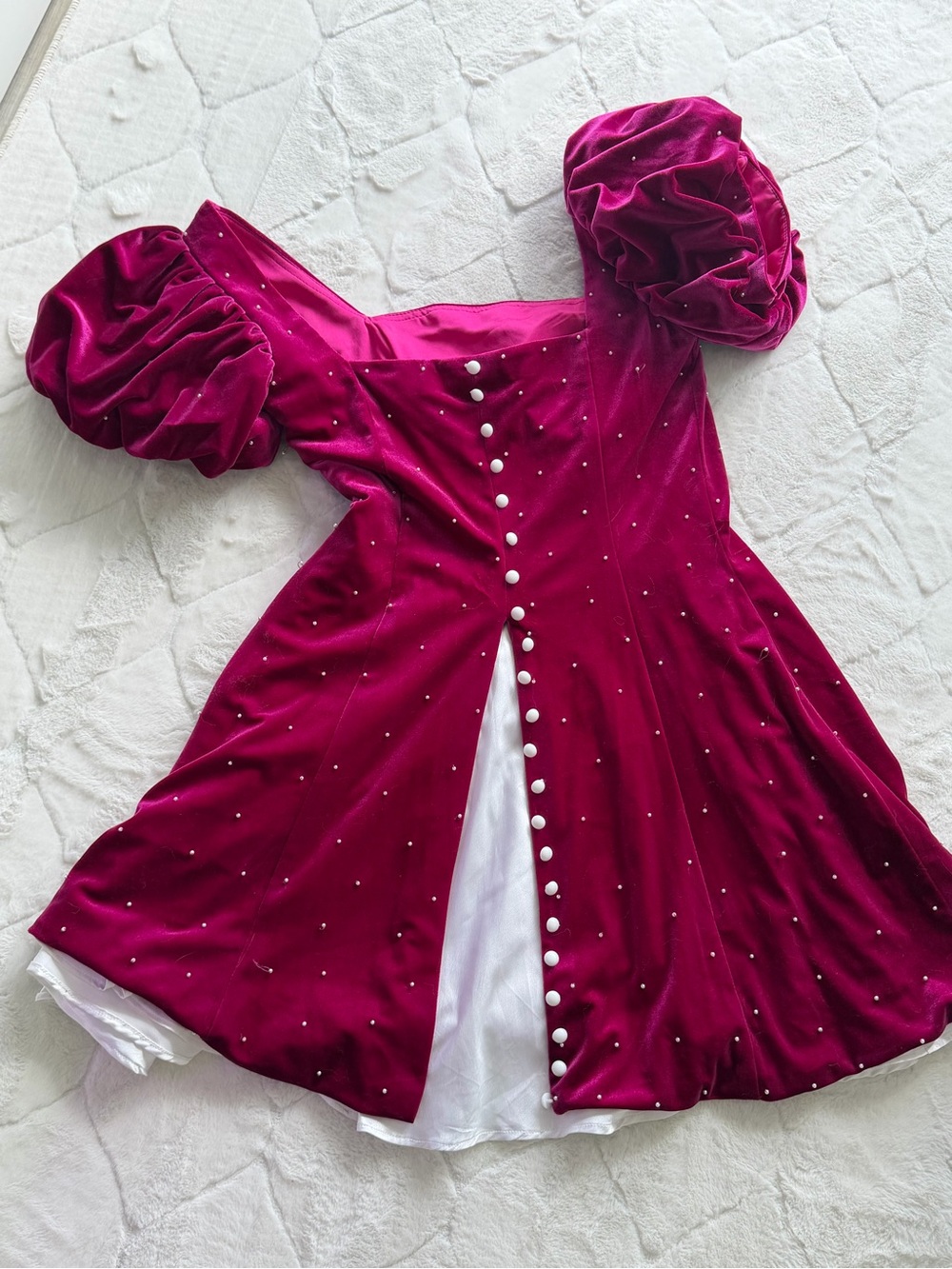 Magenta Velvet Puff Sleeve Button-Front Dress